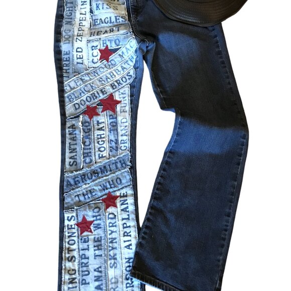 1970s Rock Band Patchwork Jeans, Size 12: Upcycled Bleached Band Patches & Stars - Picture 10 of 12